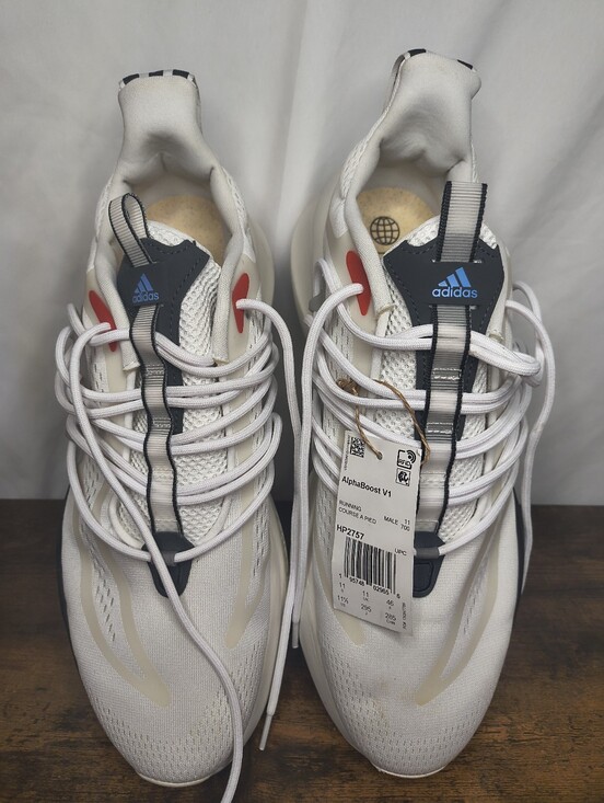 adidas Other - adidas Alphaboost V1 Mens White Running Sneakers with Navy and Red Accents
